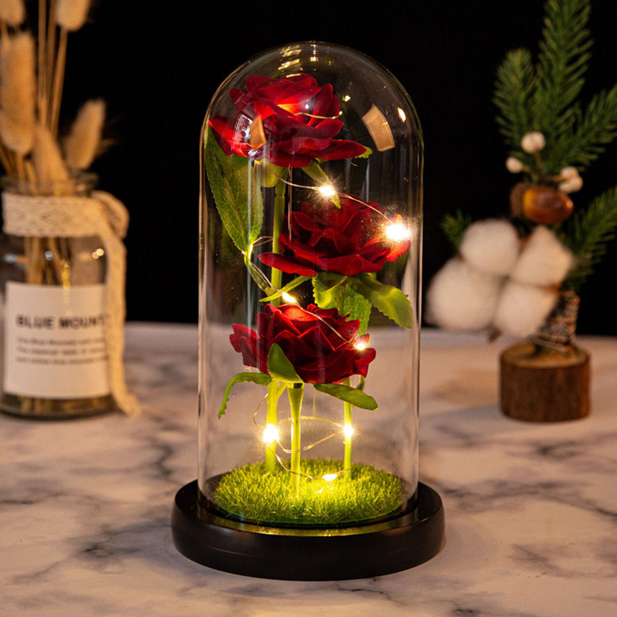 Glass Dome Rose Ornament LED Strip Light Blessing Romantic Glass Cover Artificial Flowers for Girlfriend