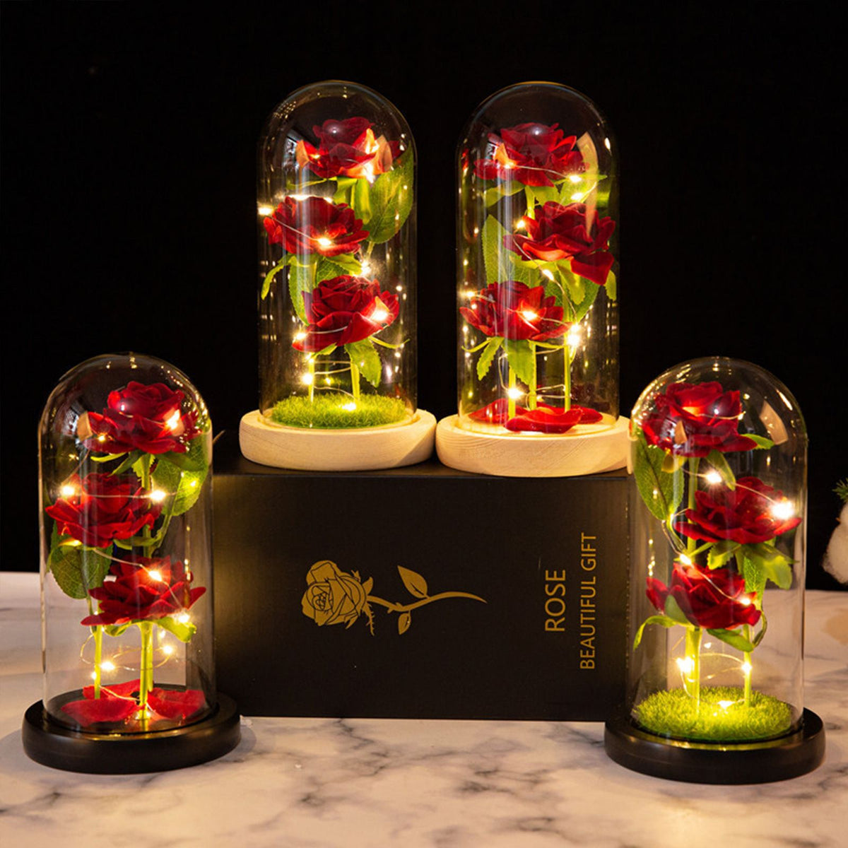 Glass Dome Rose Ornament LED Strip Light Blessing Romantic Glass Cover Artificial Flowers for Girlfriend