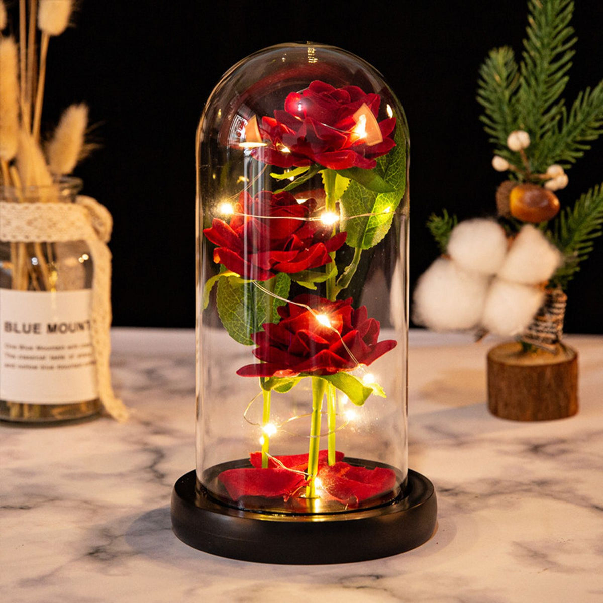 Glass Dome Rose Ornament LED Strip Light Blessing Romantic Glass Cover Artificial Flowers for Girlfriend