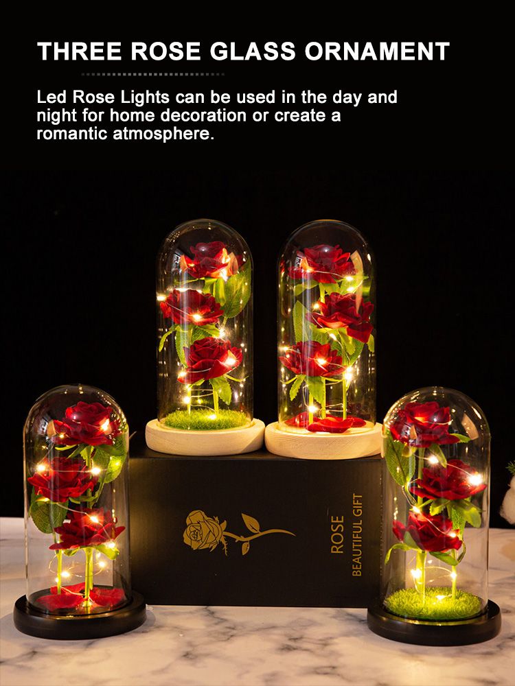 Glass Dome Rose Ornament LED Strip Light Blessing Romantic Glass Cover Artificial Flowers for Girlfriend