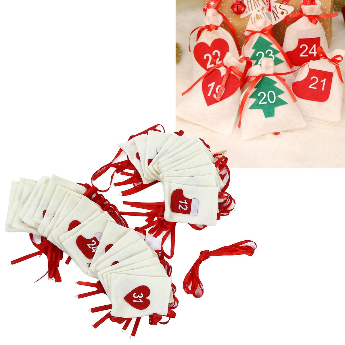 Christmas Advent Calendar Bags 31 Days Hanging Countdown Felt Gift Pockets for Party Festival Decoration