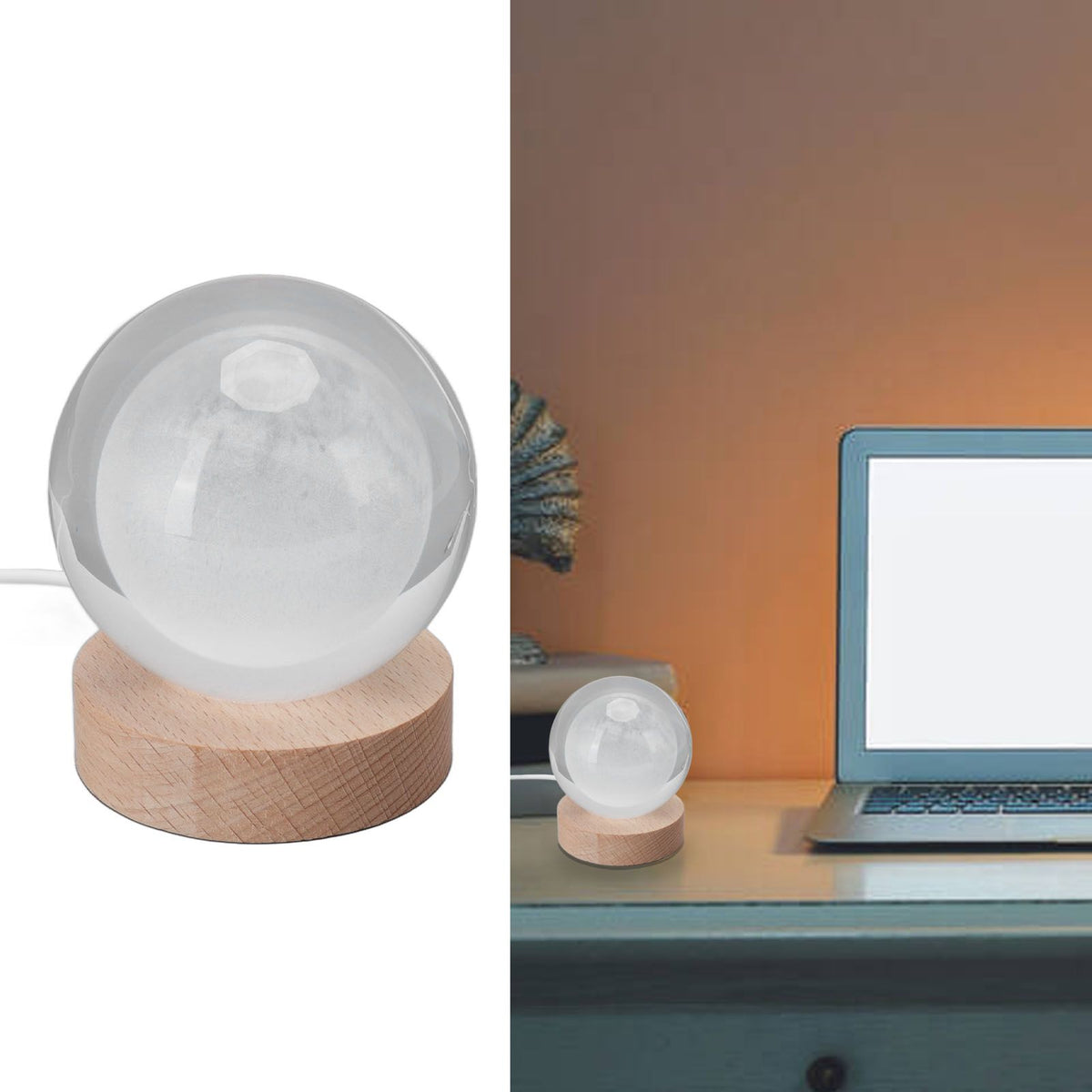 3D Moon Night Lamp Crystal Ball Night Light LED Wooden Inter Carving Tabletop Ornaments for Friends Kids Gifts Moon Colorful Light