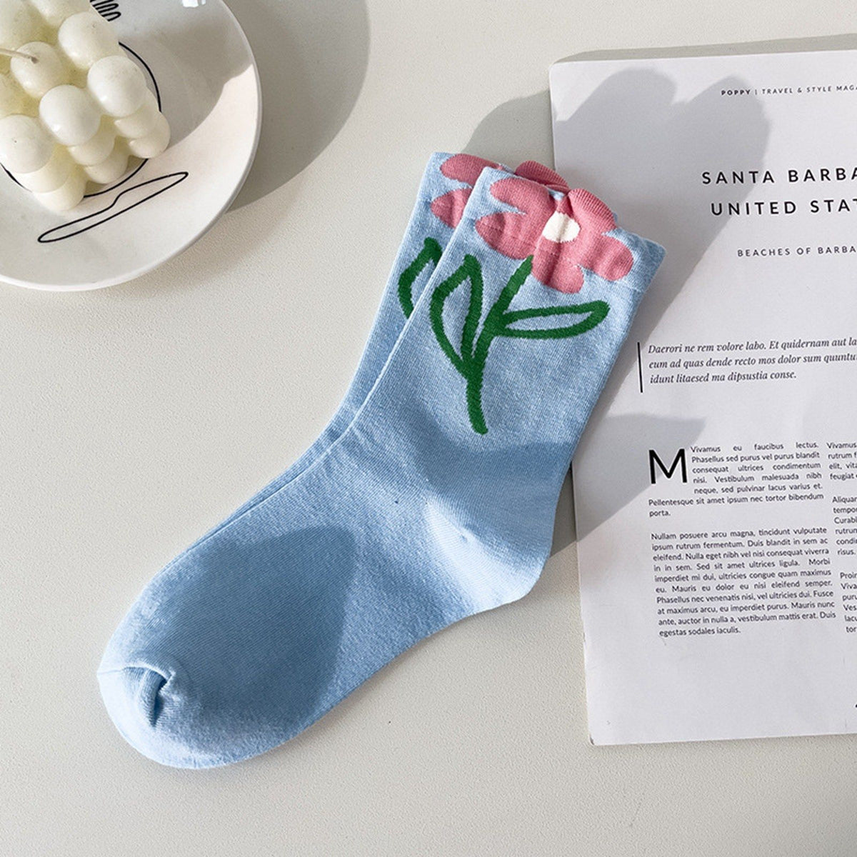 Women Mid Tube Socks Tulip Flower Pattern Cotton Socks Ladies Deodorant Sweat Absorption Socks Mixed Color 5 Pairs Free Size