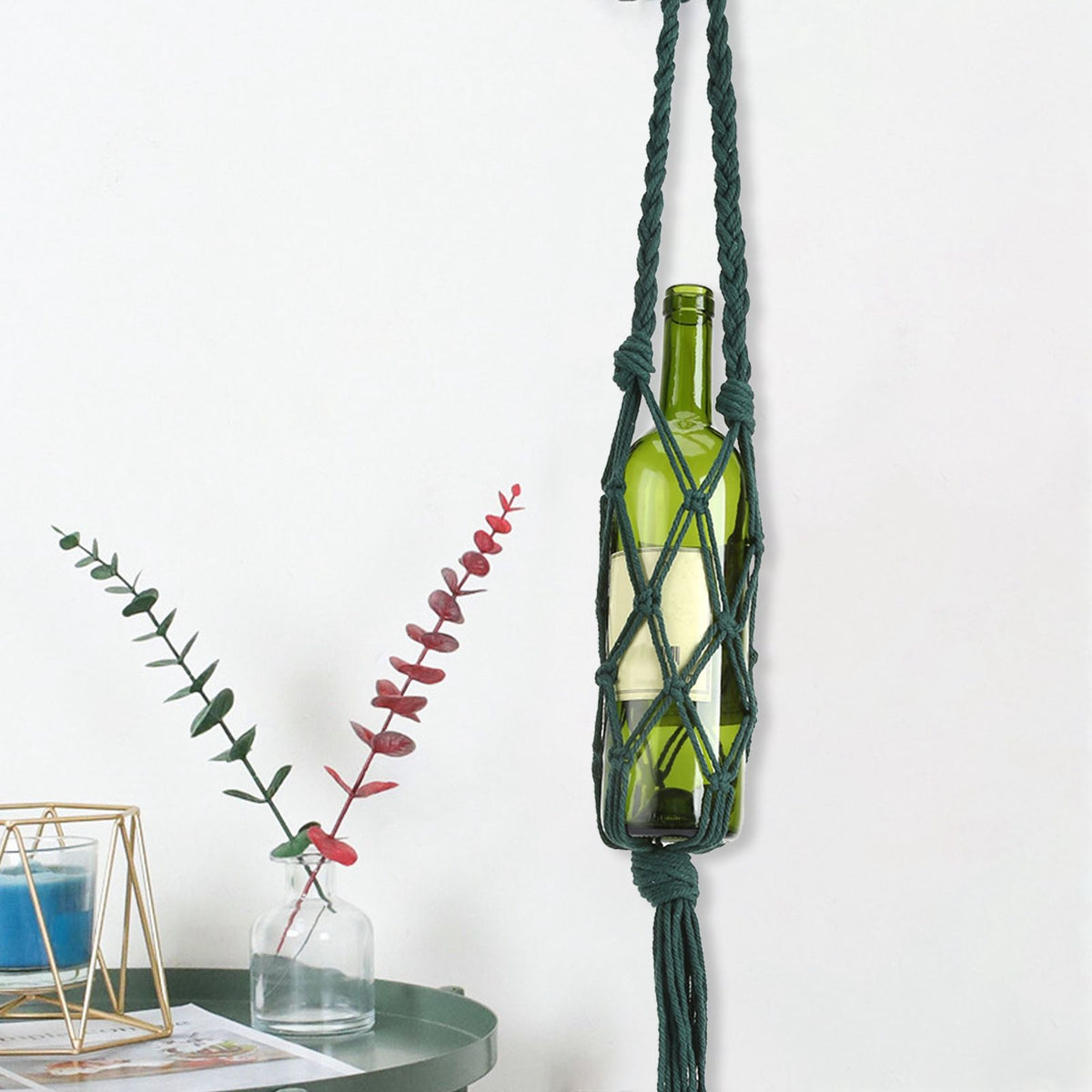 Wine Bottle Holder Bohemian Style Hand Knitting Cotton Rope Bottles Storage Hanging BagDark Green
