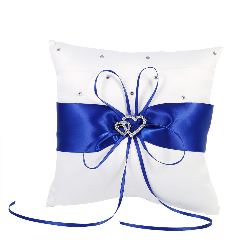 Wedding Ring Bearer Holder Pillow Cushion With Bowknot Stain Double Hearts Diamonds (Blue)