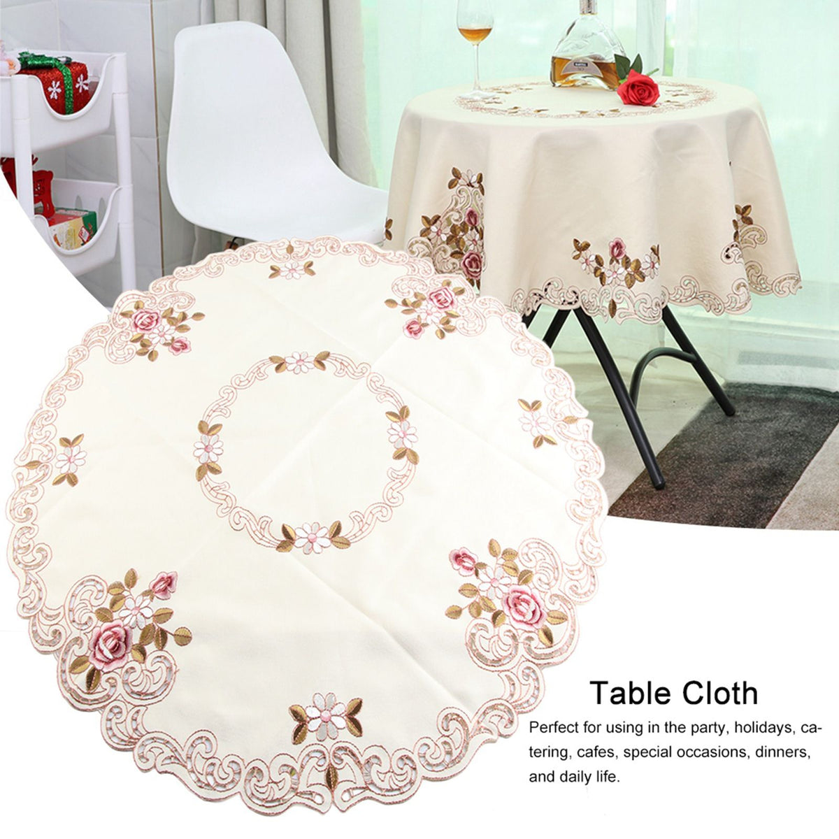 Round Red Floral Flower Embroidered Table Runner Tablecloth Cutwork Table Party Decor 85cm