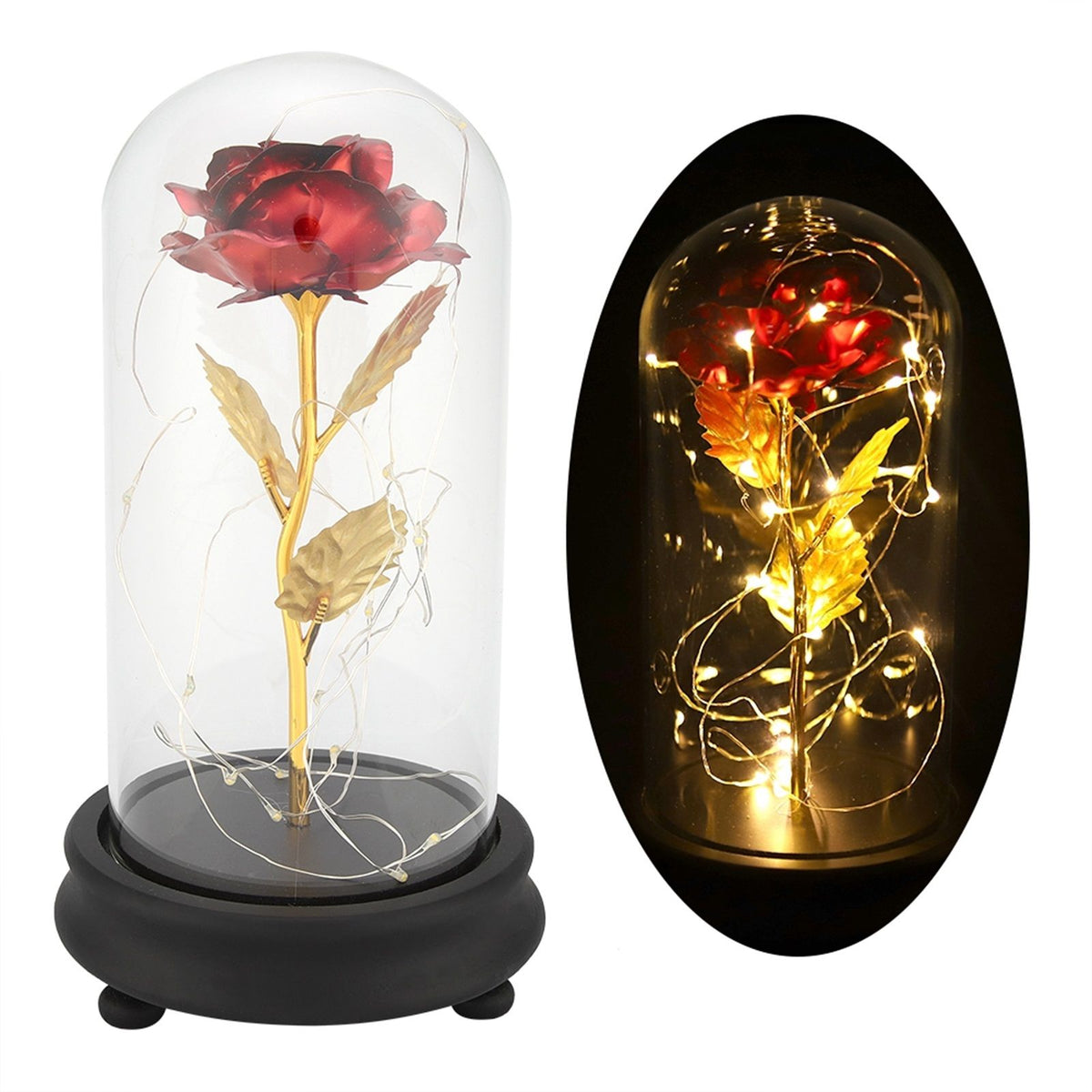 24K Gold Plated Rose Flower LED Light with Glass Cover Base Valentines'Day Wedding Gift Red