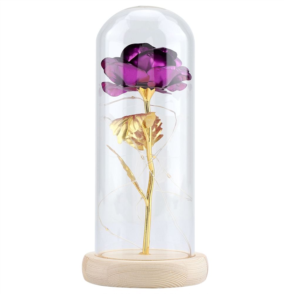 Preserved Rose Flower LED Light with Glass Cover Wooden Base Valentines'Day Wedding Purple
