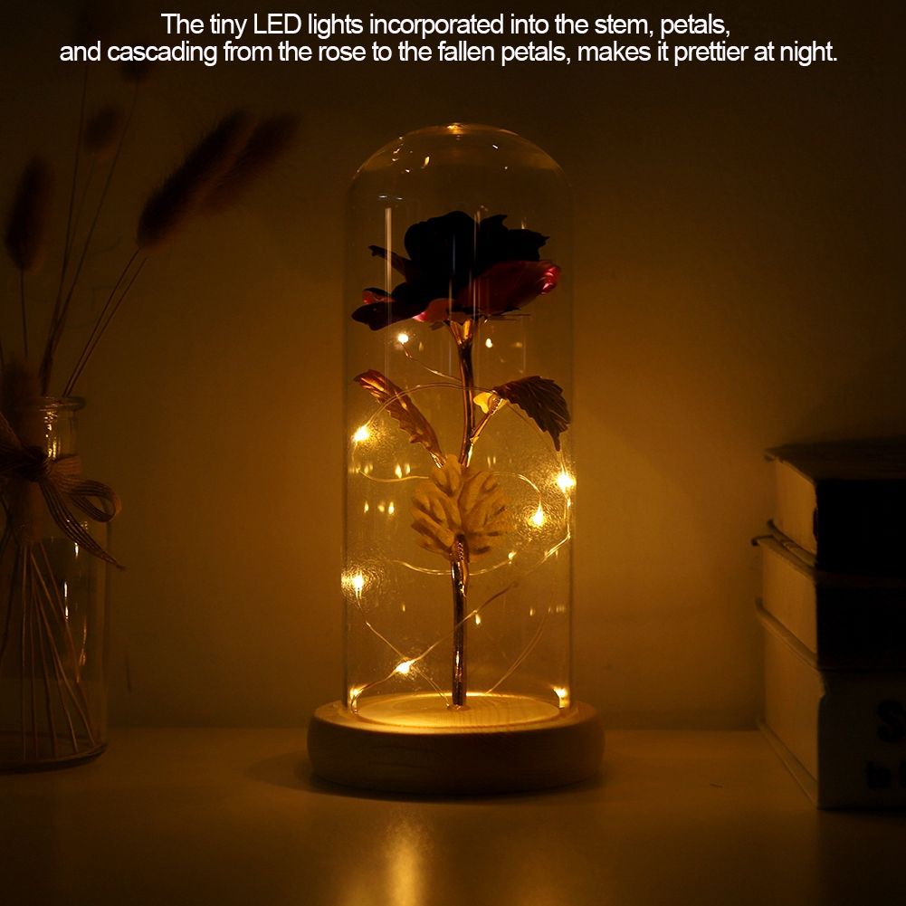 Preserved Rose Flower LED Light with Glass Cover Wooden Base Valentines'Day Wedding Purple
