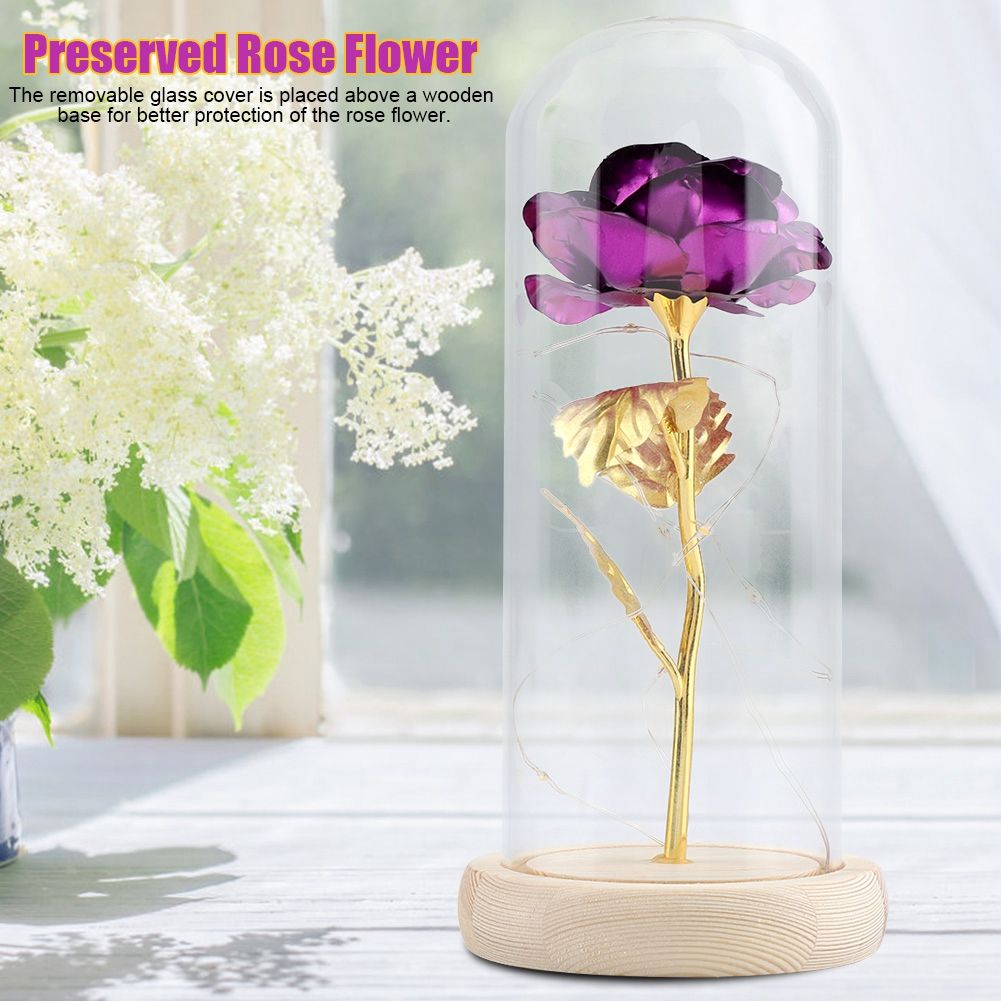Preserved Rose Flower LED Light with Glass Cover Wooden Base Valentines'Day Wedding Purple