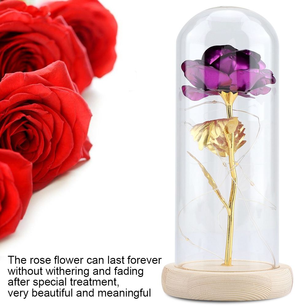 Preserved Rose Flower LED Light with Glass Cover Wooden Base Valentines'Day Wedding Purple