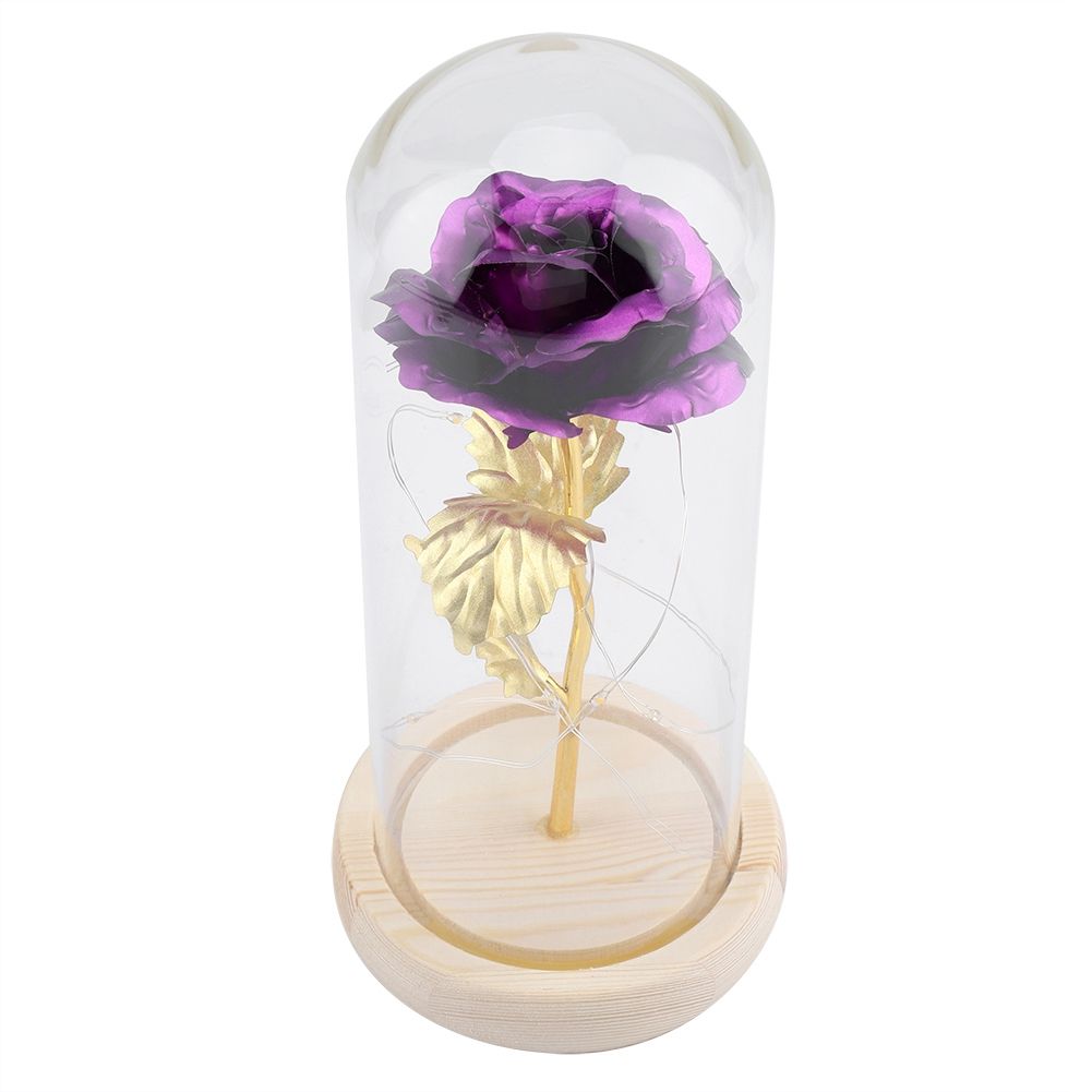 Preserved Rose Flower LED Light with Glass Cover Wooden Base Valentines'Day Wedding Purple