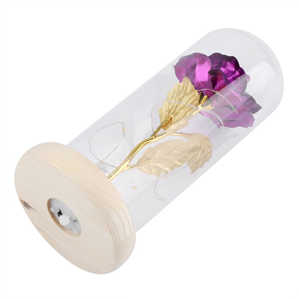 Preserved Rose Flower LED Light with Glass Cover Wooden Base Valentines'Day Wedding Purple