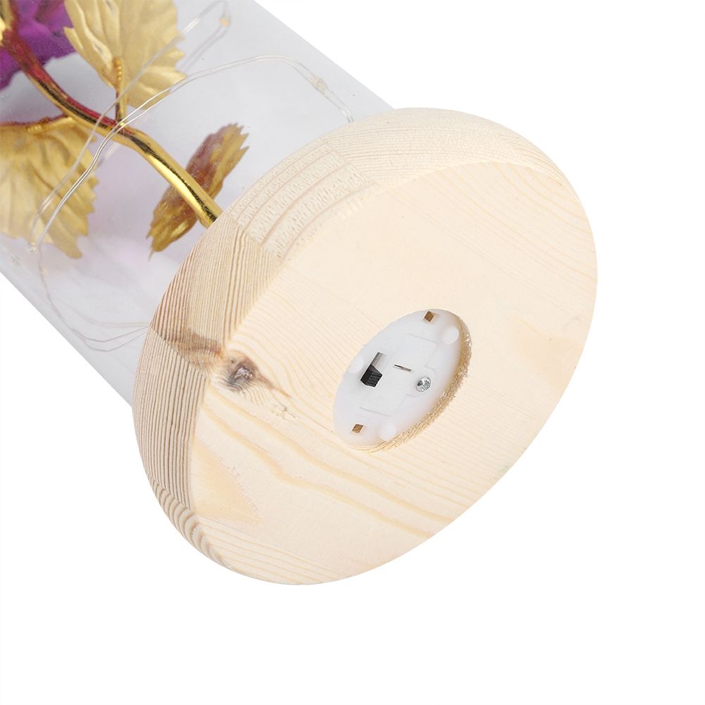 Preserved Rose Flower LED Light with Glass Cover Wooden Base Valentines'Day Wedding Purple