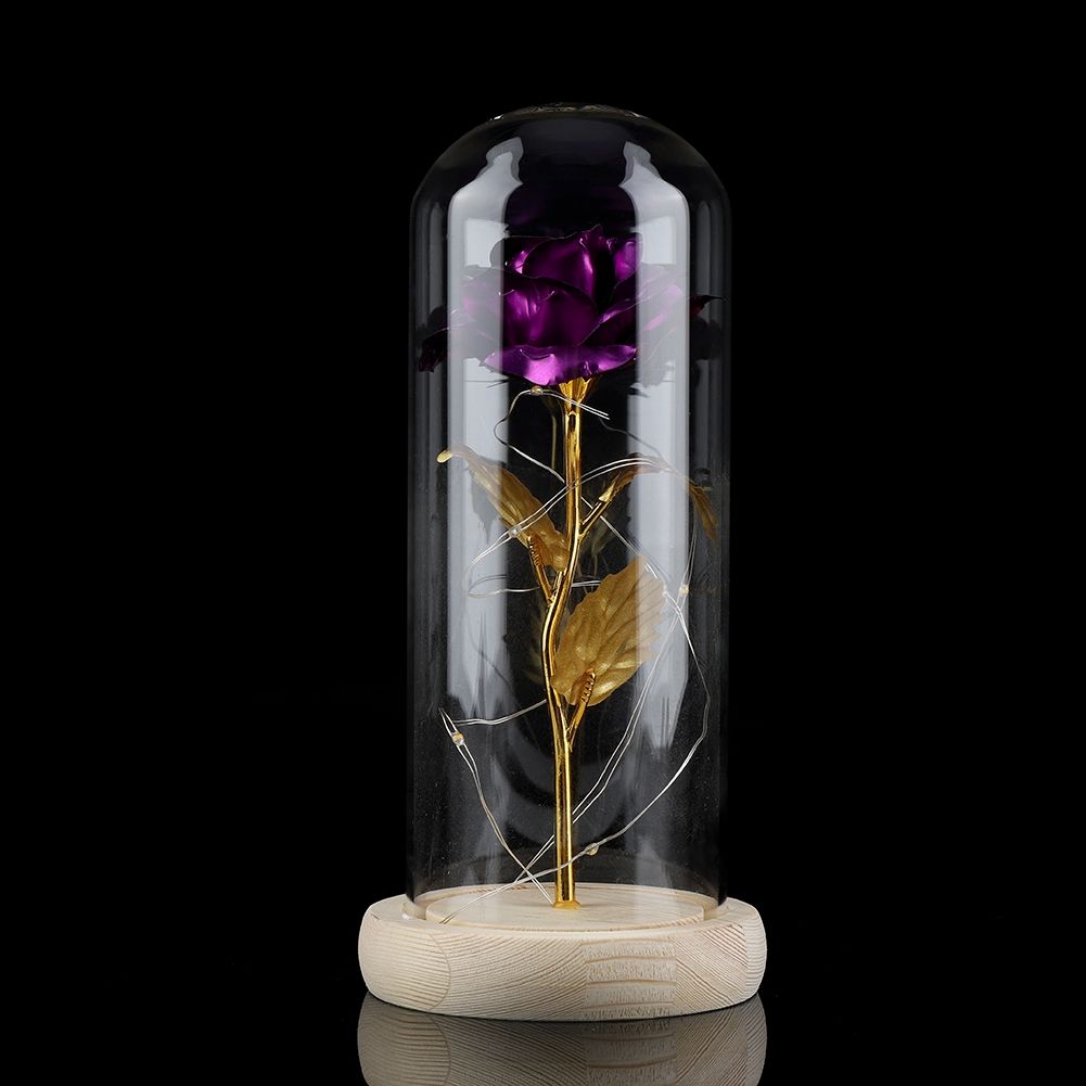 Preserved Rose Flower LED Light with Glass Cover Wooden Base Valentines'Day Wedding Purple