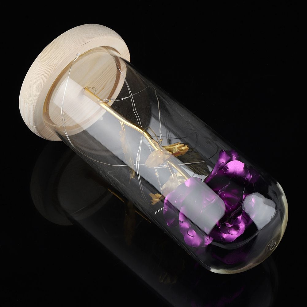 Preserved Rose Flower LED Light with Glass Cover Wooden Base Valentines'Day Wedding Purple