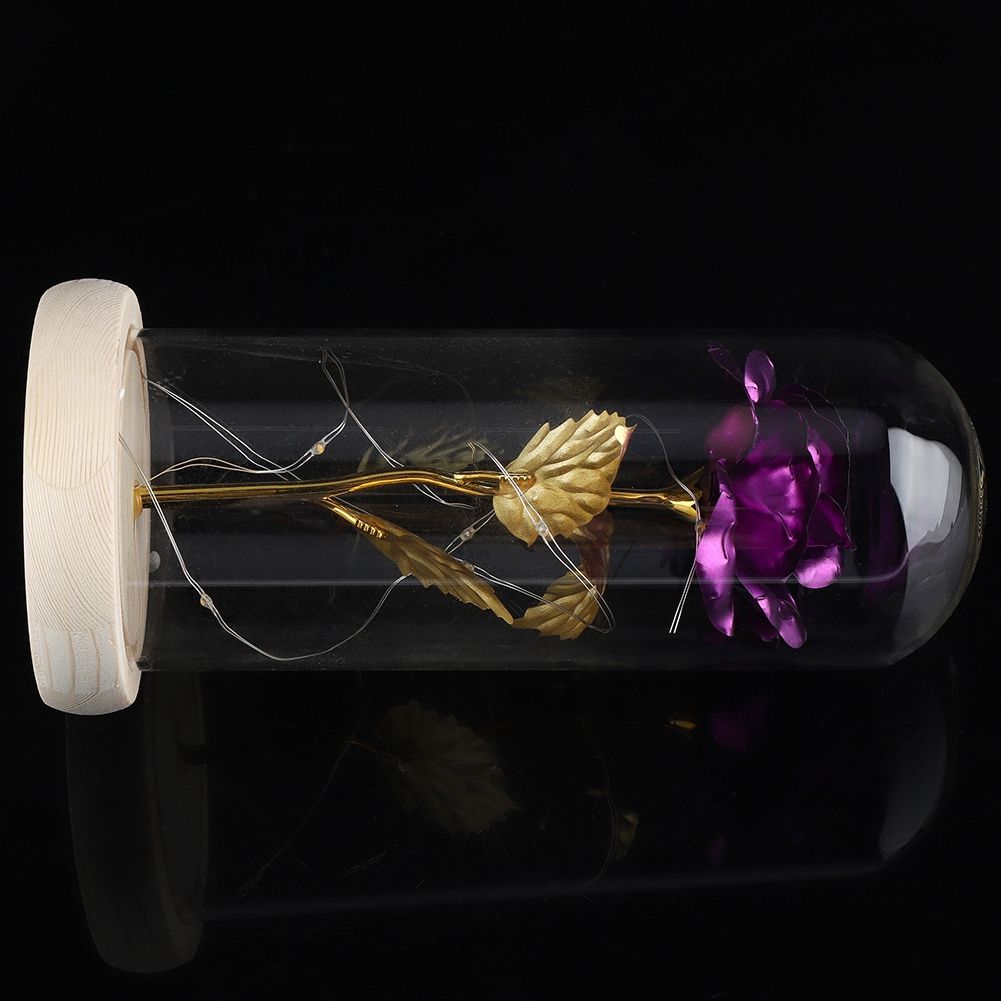 Preserved Rose Flower LED Light with Glass Cover Wooden Base Valentines'Day Wedding Purple