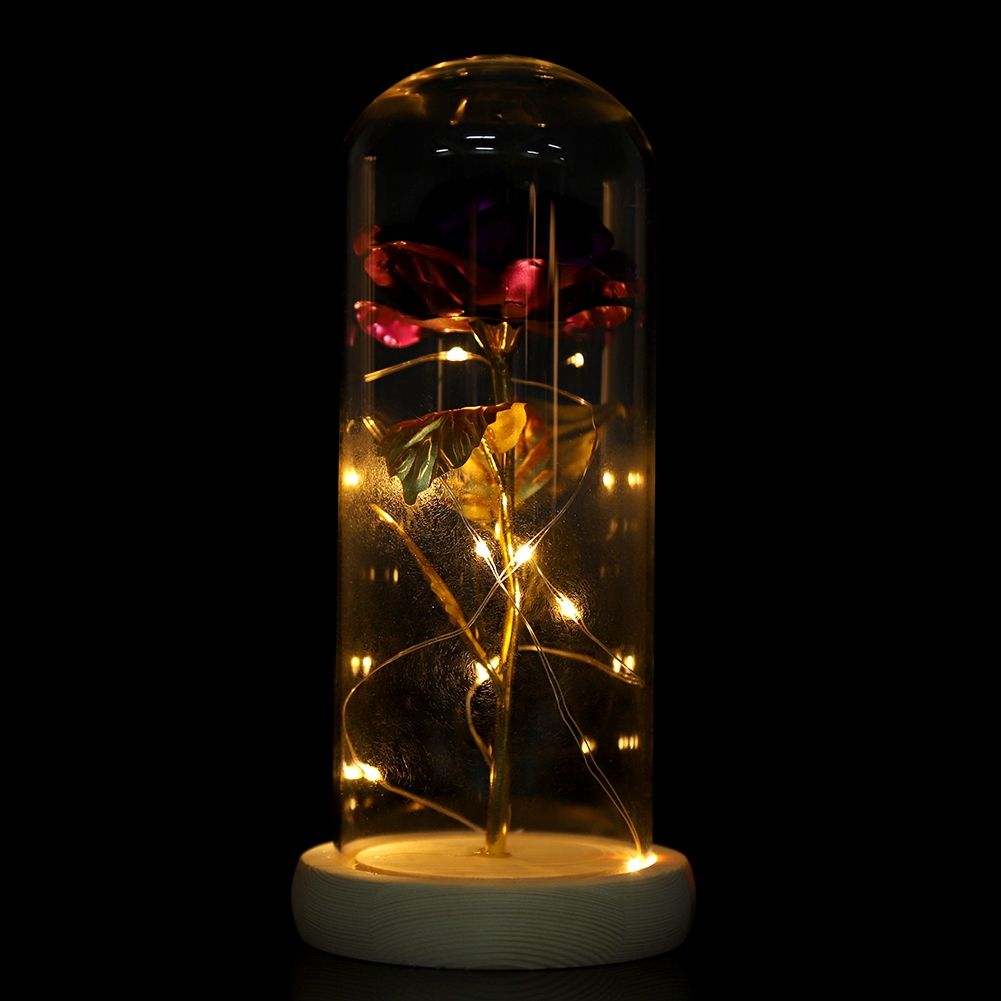 Preserved Rose Flower LED Light with Glass Cover Wooden Base Valentines'Day Wedding Purple