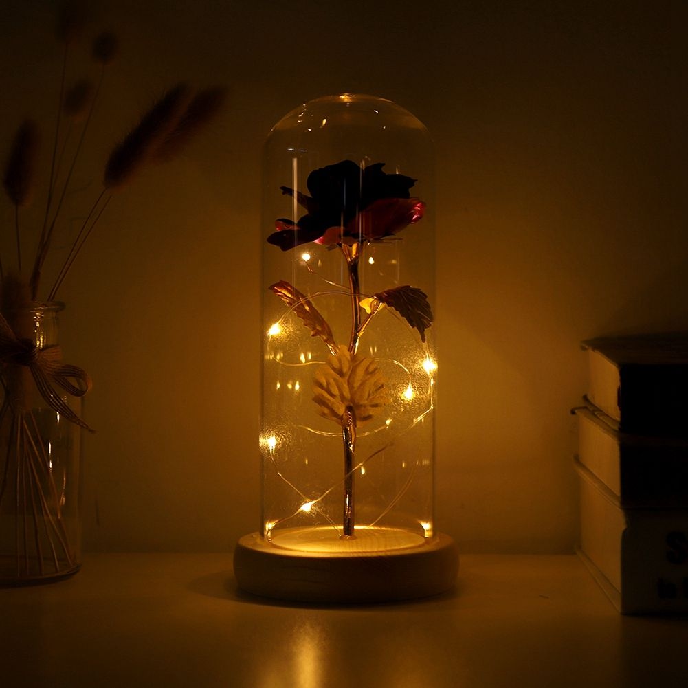 Preserved Rose Flower LED Light with Glass Cover Wooden Base Valentines'Day Wedding Purple