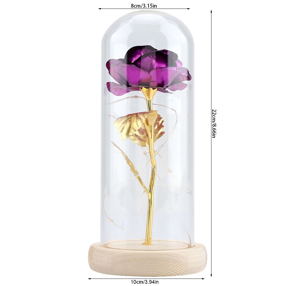 Preserved Rose Flower LED Light with Glass Cover Wooden Base Valentines'Day Wedding Purple