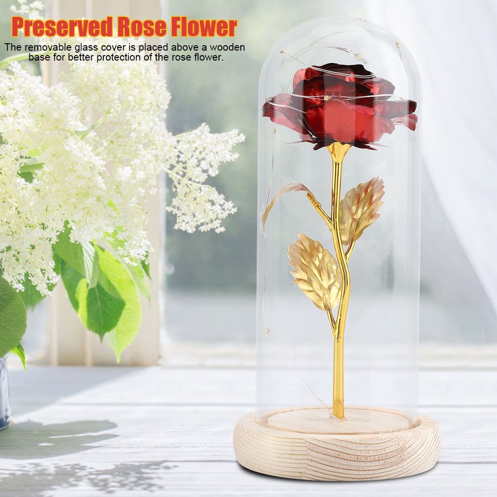 Preserved Rose Flower LED Light with Glass Cover Wooden Base Valentines'Day Wedding Red