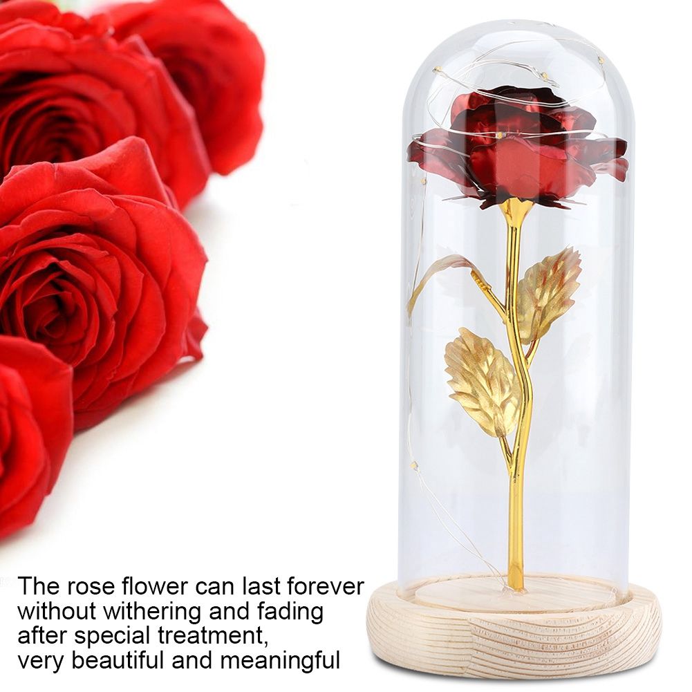 Preserved Rose Flower LED Light with Glass Cover Wooden Base Valentines'Day Wedding Red