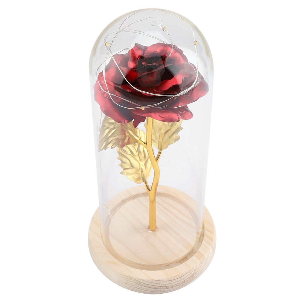Preserved Rose Flower LED Light with Glass Cover Wooden Base Valentines'Day Wedding Red