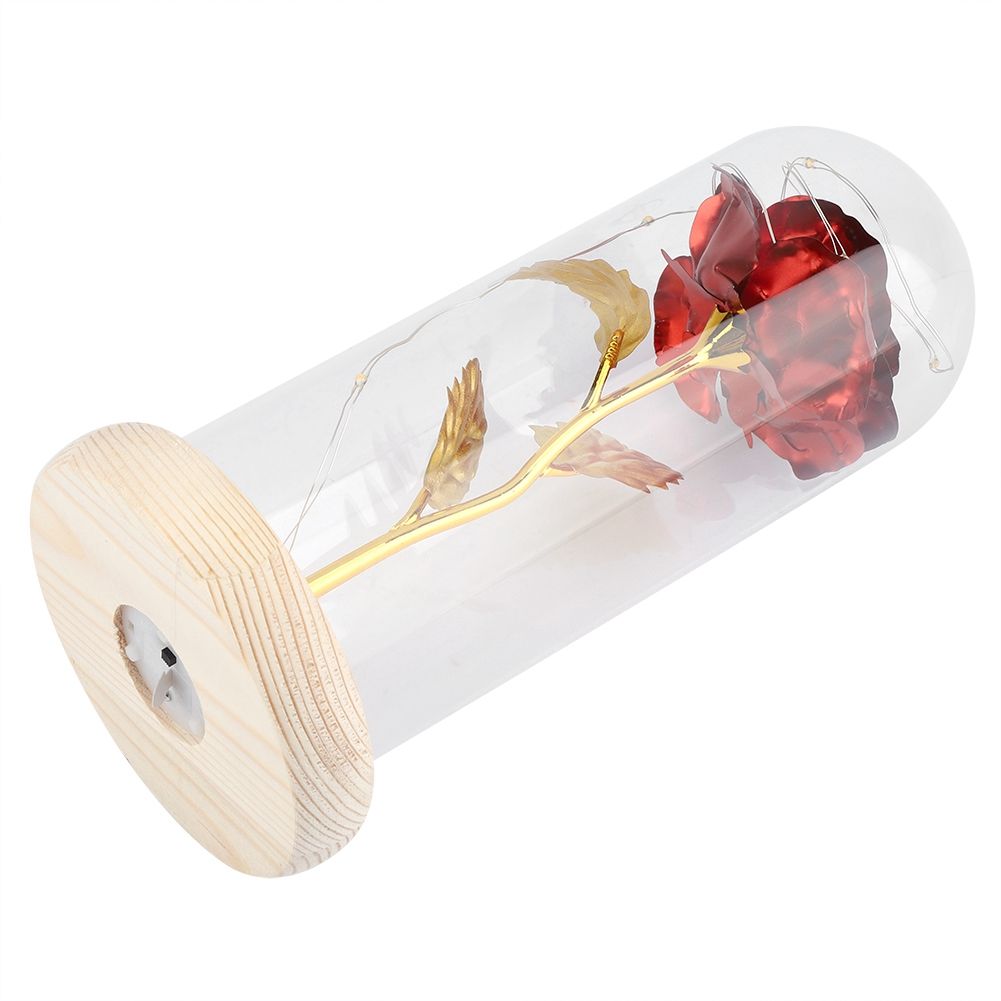 Preserved Rose Flower LED Light with Glass Cover Wooden Base Valentines'Day Wedding Red