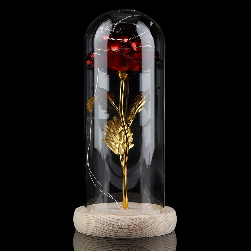 Preserved Rose Flower LED Light with Glass Cover Wooden Base Valentines'Day Wedding Red