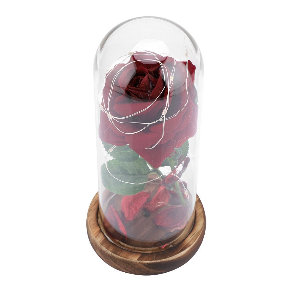 Preserved Rose Flower LED Light with Glass Cover Wooden Base Valentines'Day Wedding Gift
Red