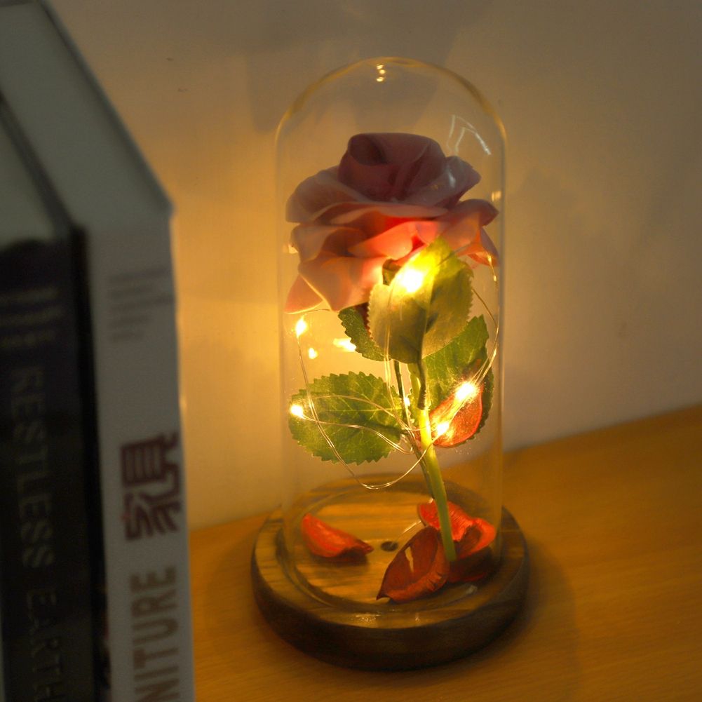Preserved Rose Flower LED Light with Glass Cover Wooden Base Valentines'Day Wedding Gift Pink
