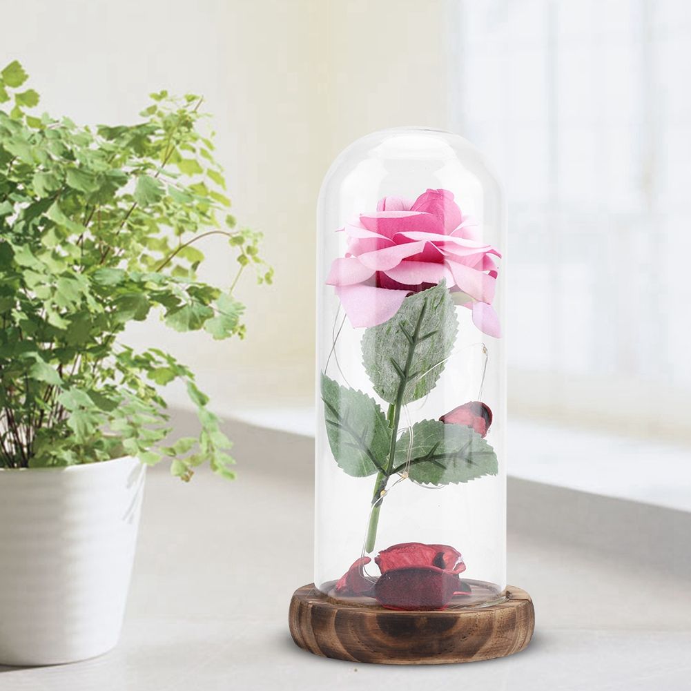 Preserved Rose Flower LED Light with Glass Cover Wooden Base Valentines'Day Wedding Gift Pink