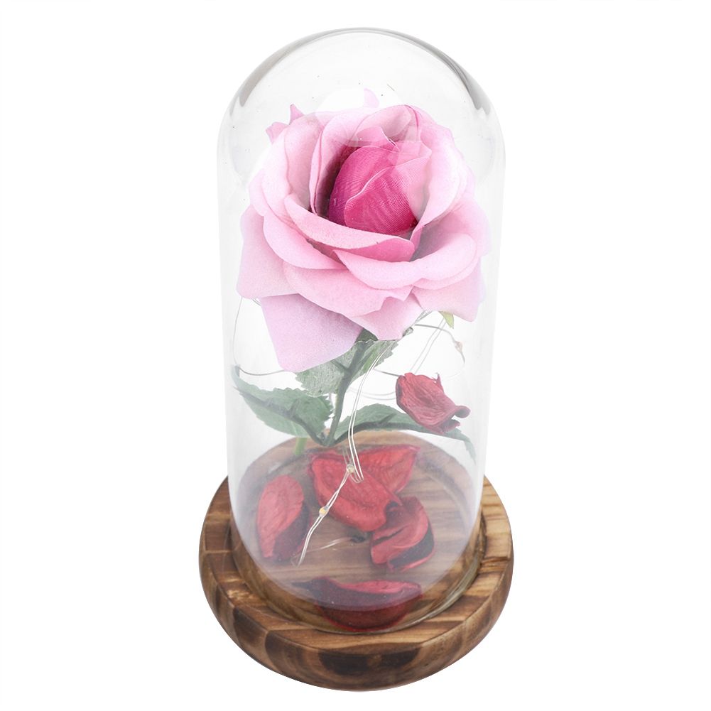 Preserved Rose Flower LED Light with Glass Cover Wooden Base Valentines'Day Wedding Gift Pink