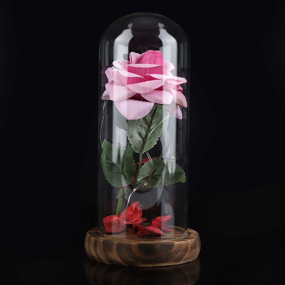 Preserved Rose Flower LED Light with Glass Cover Wooden Base Valentines'Day Wedding Gift Pink