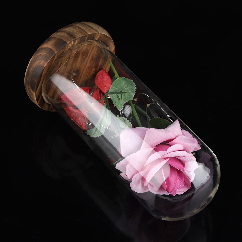 Preserved Rose Flower LED Light with Glass Cover Wooden Base Valentines'Day Wedding Gift Pink