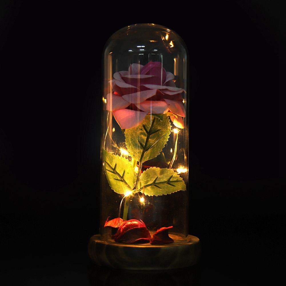 Preserved Rose Flower LED Light with Glass Cover Wooden Base Valentines'Day Wedding Gift Pink