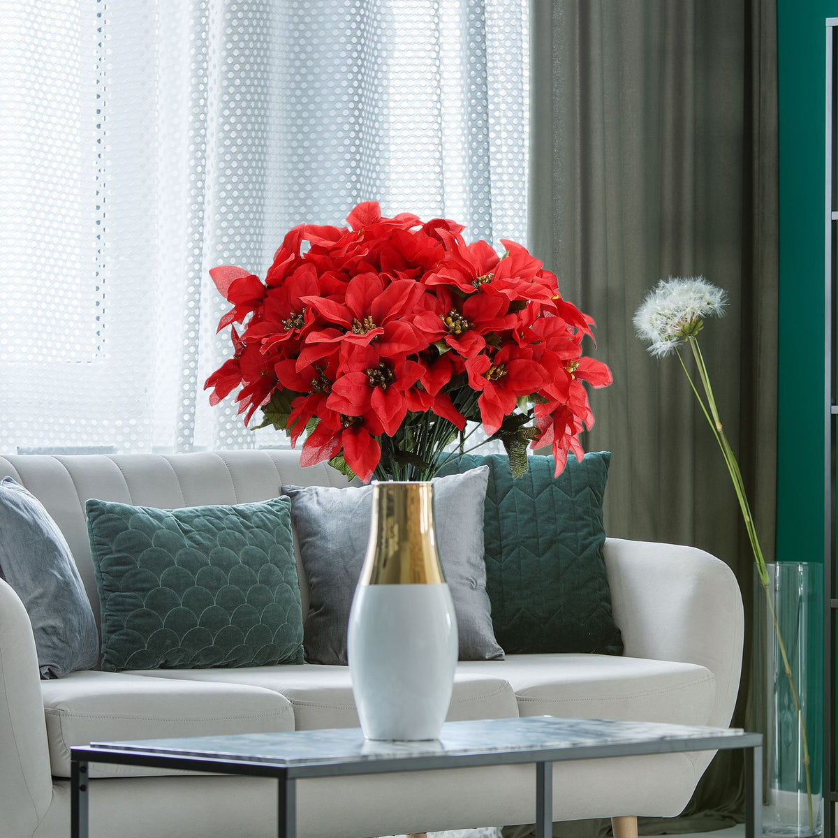 10 Pcs Artificial Poinsettia Flower 35cm 7 Heads 10cm Flower Diameter Artificial Poinsettia Bush for Wedding Stage Living Room Red