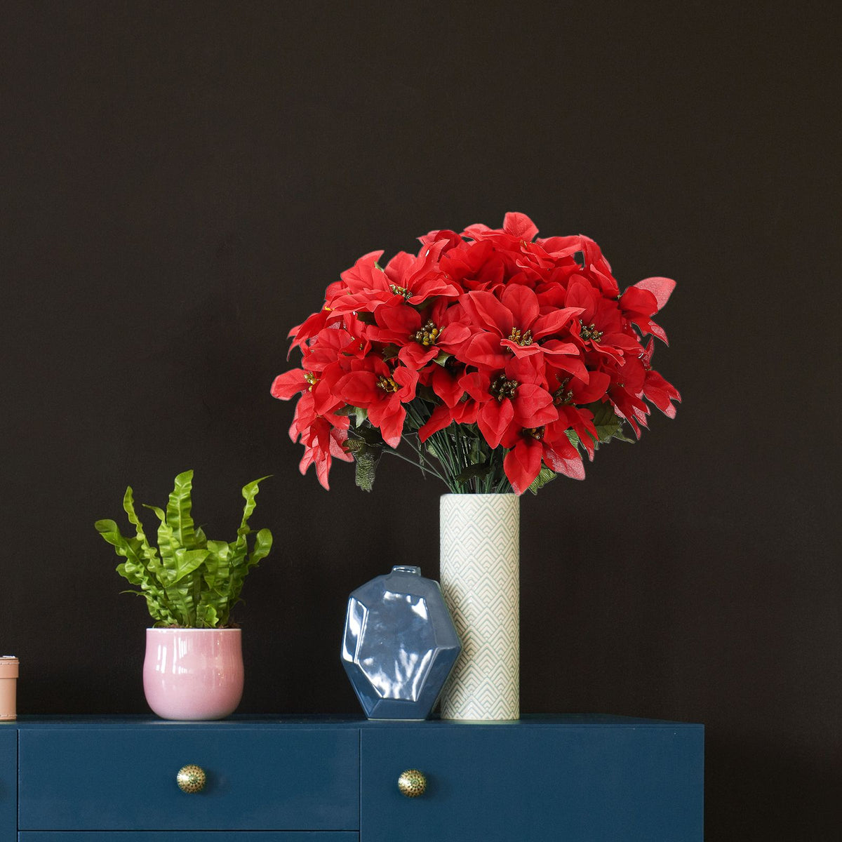 10 Pcs Artificial Poinsettia Flower 35cm 7 Heads 10cm Flower Diameter Artificial Poinsettia Bush for Wedding Stage Living Room Red