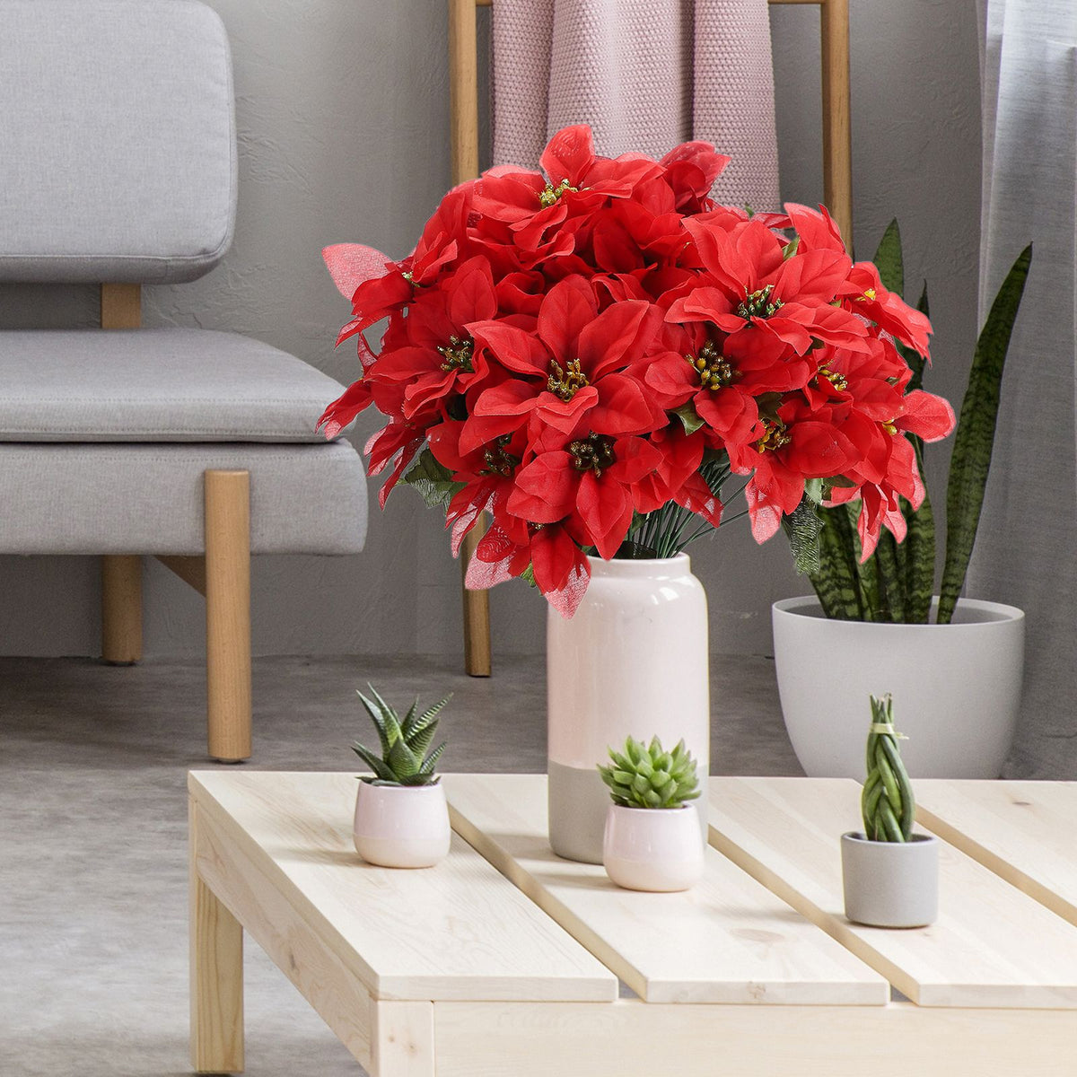 10 Pcs Artificial Poinsettia Flower 35cm 7 Heads 10cm Flower Diameter Artificial Poinsettia Bush for Wedding Stage Living Room Red