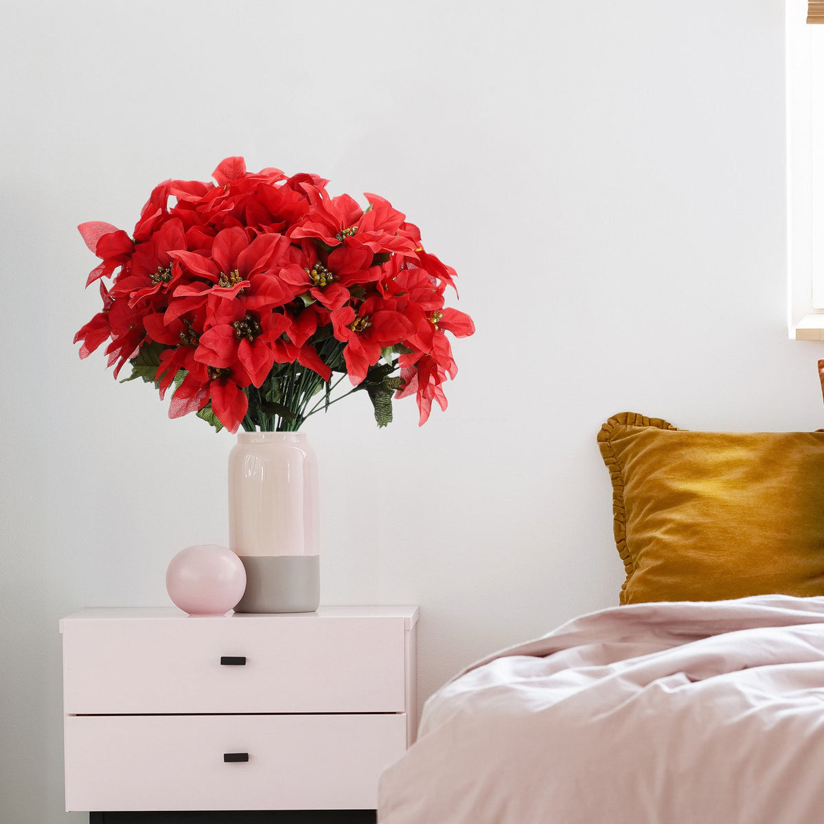 10 Pcs Artificial Poinsettia Flower 35cm 7 Heads 10cm Flower Diameter Artificial Poinsettia Bush for Wedding Stage Living Room Red