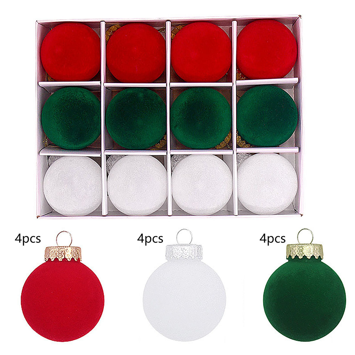 12PCS Velvet Xmas Ball Ornaments 2.4 Inch Flocked Xmas Tree Hanging Balls for Holiday Birthday Wedding Decorations Red Green White