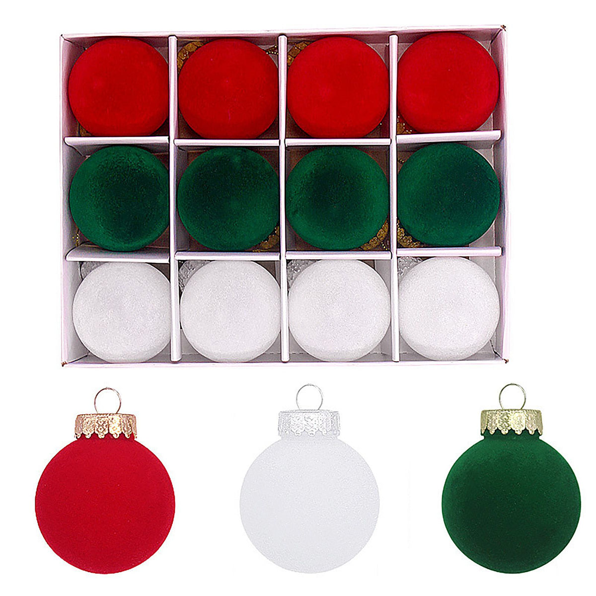 12PCS Velvet Xmas Ball Ornaments 2.4 Inch Flocked Xmas Tree Hanging Balls for Holiday Birthday Wedding Decorations Red Green White