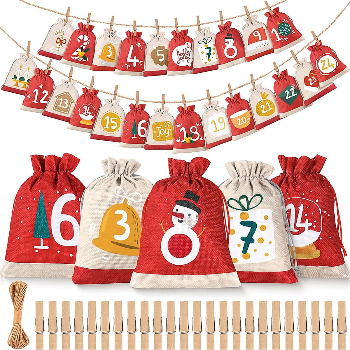 Xmas Advent Calendar Bags with 24 Wooden Number Tags Clips Ropes 24 Days Calendar Burlap Bags Red