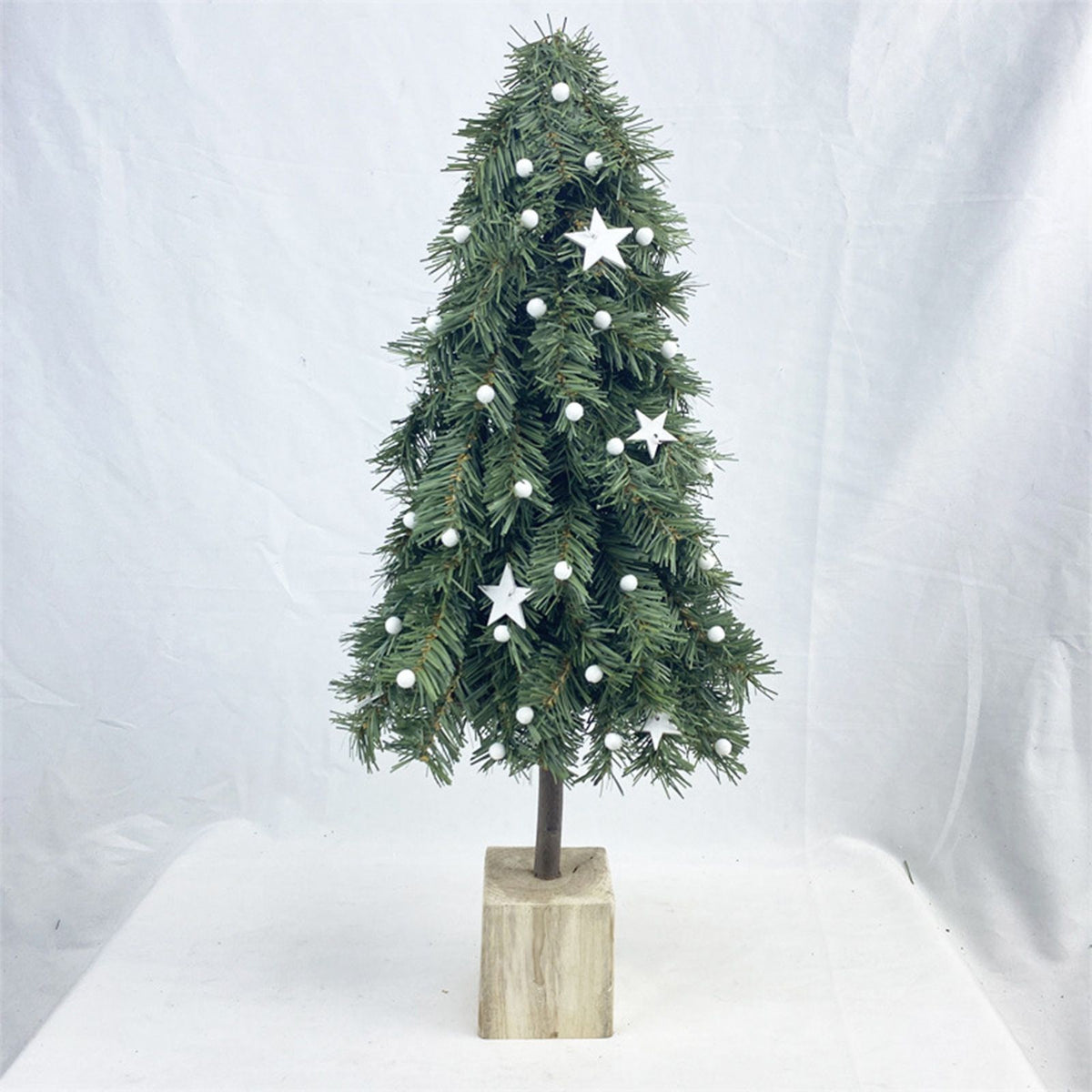 Simulated Greenery Artificial Xmas Tree for Home White Balls and Star Faux Pine Tree Decor with Decorative Wooden Base