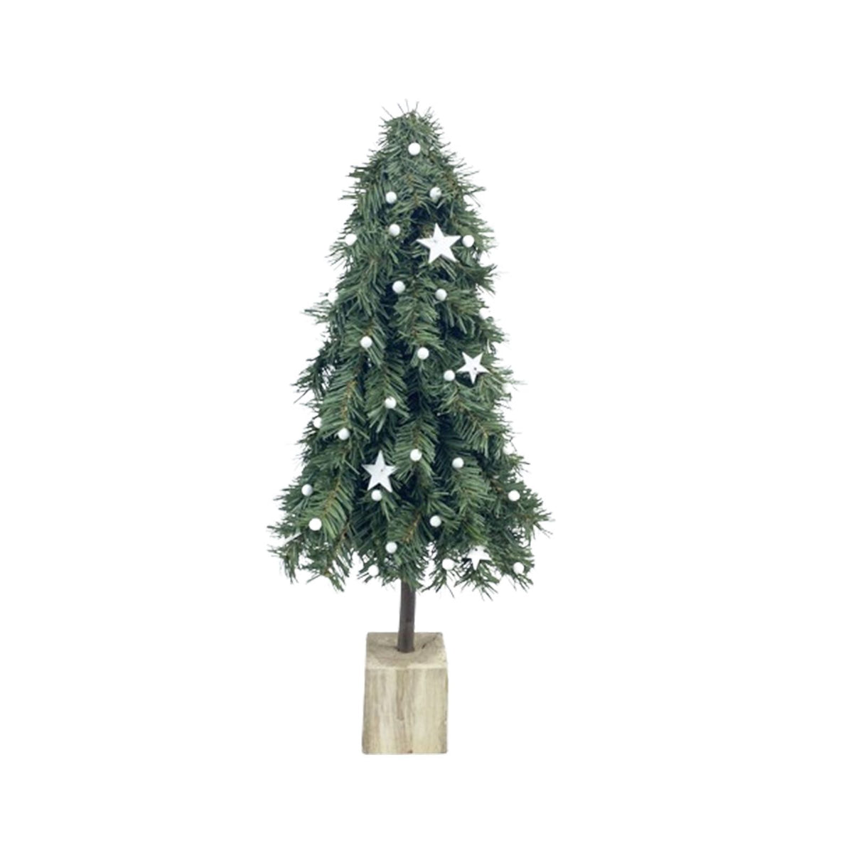 Simulated Greenery Artificial Xmas Tree for Home White Balls and Star Faux Pine Tree Decor with Decorative Wooden Base
