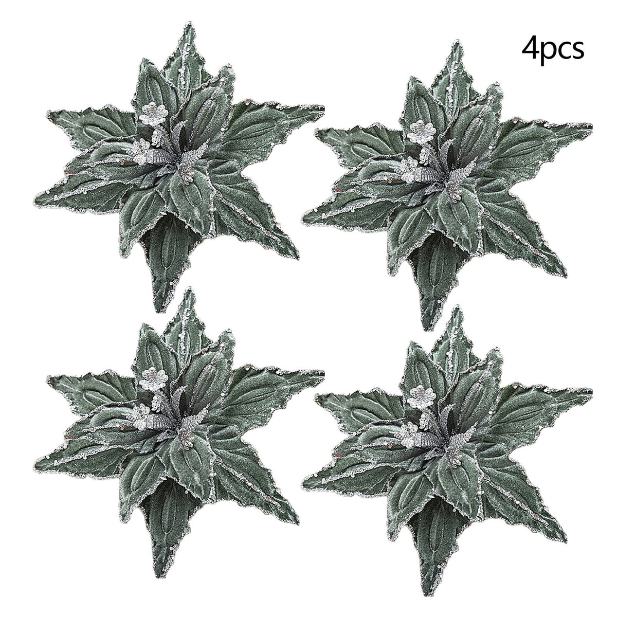 4pcs Artificial Velvet Flowers 26cm Tree Glitter Flowers Ornaments for Festival Party Wedding Green