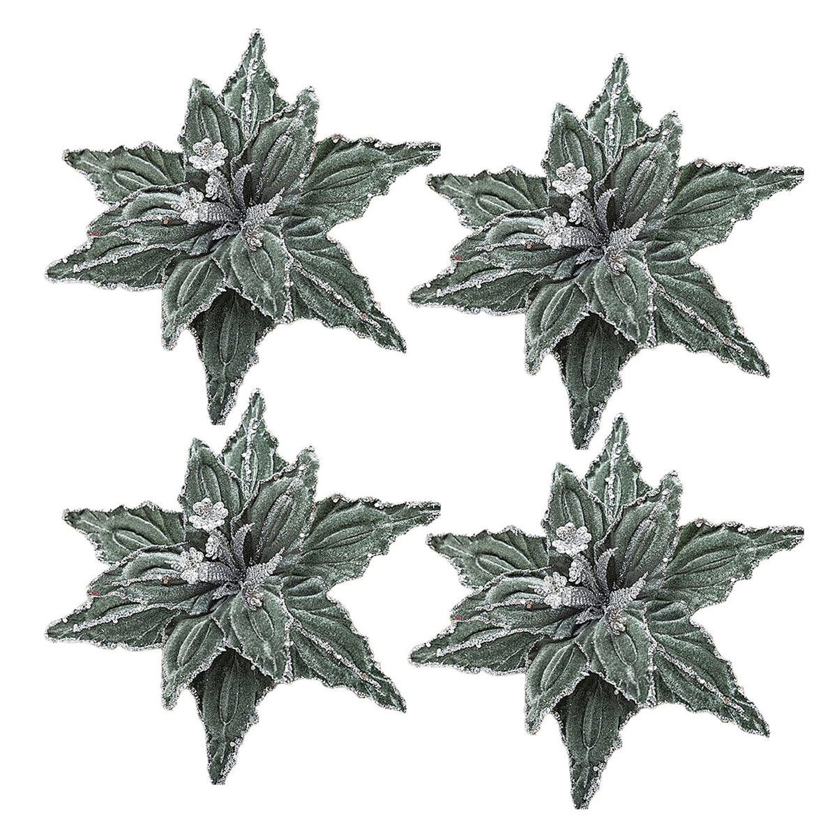 4pcs Artificial Velvet Flowers 26cm Tree Glitter Flowers Ornaments for Festival Party Wedding Green