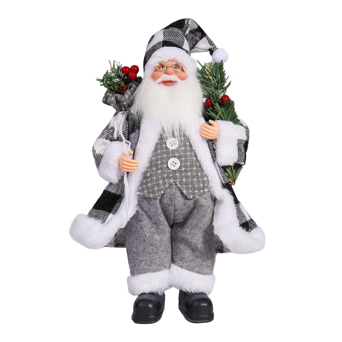 12in Xmas Santa Doll Cartoon Cute Collection Standing Santa Ornament for Home Show Window Decoration Black White Style E