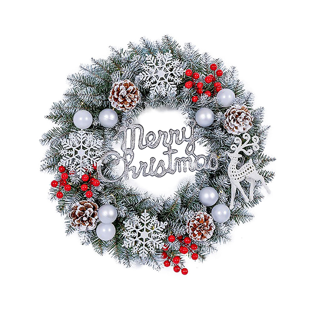 Xmas Wreath for Front Door 15.7 Inch Snow Flocked Artificial Xmas Wreath with Red Berries and Pine Cones for Winter Party Decoration