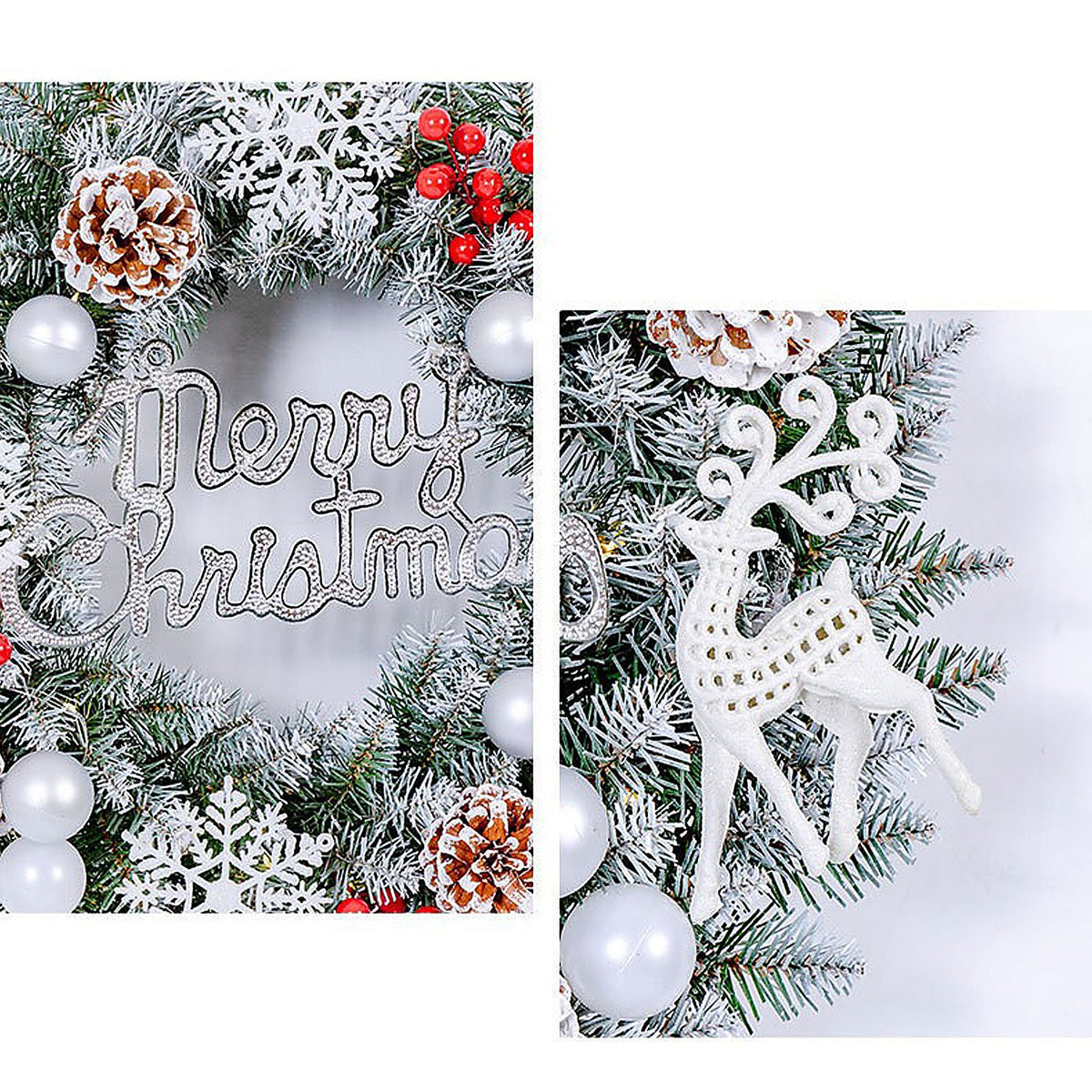 Xmas Wreath for Front Door 15.7 Inch Snow Flocked Artificial Xmas Wreath with Red Berries and Pine Cones for Winter Party Decoration